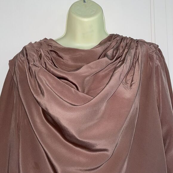 Vtg 70s/80s Jerri Sherman taupe pleated shoulder drape neck long sleeved blouse - Picture 2 of 11
